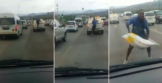 Daylight Robbery: Watch Daring Man Steal Mealie Meal from Moving Bakkie